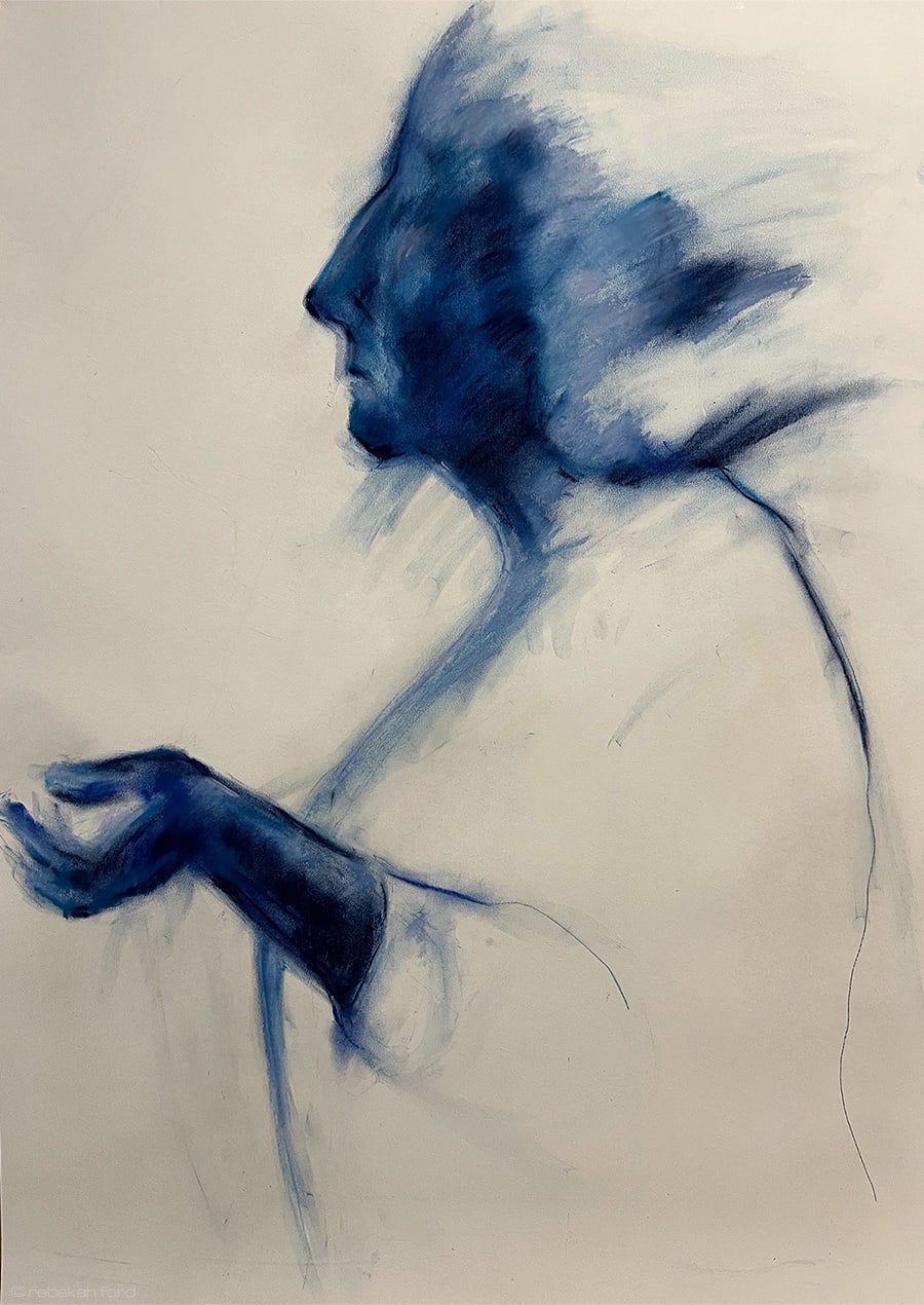 Pastel drawing of a side of a woman with her hand out