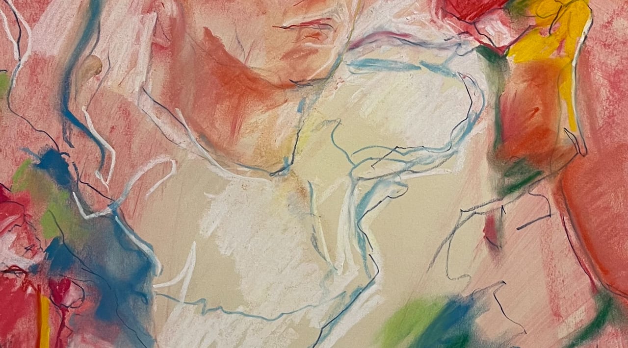 Close up of a clown and puppets drawing - pastel, water on paper © Rebekah Ford