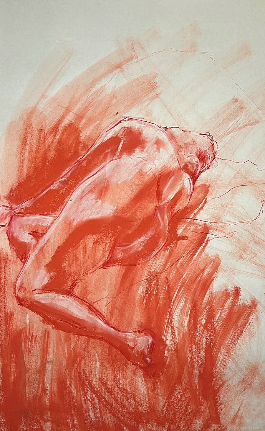 Red pastel life drawing of a naked woman lying on the floor
