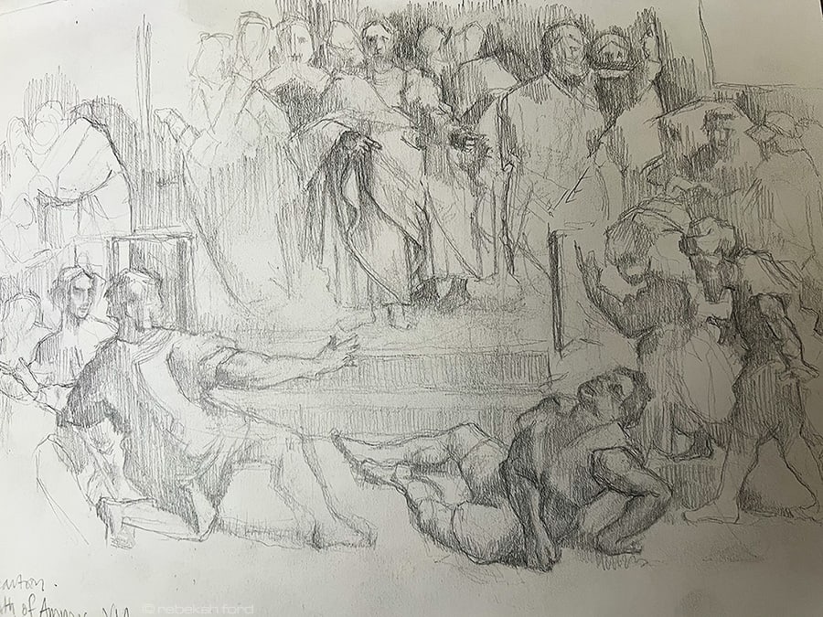 A graphite study of a Raphael cartoon with various figures standing around Jesus