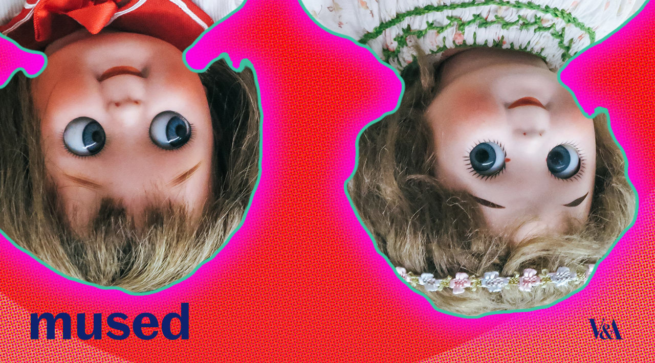 Image of 2 cheeky-looking china dolls upside down and cropped closely with a halo effect and dotted background - with V&A logo and mused logo