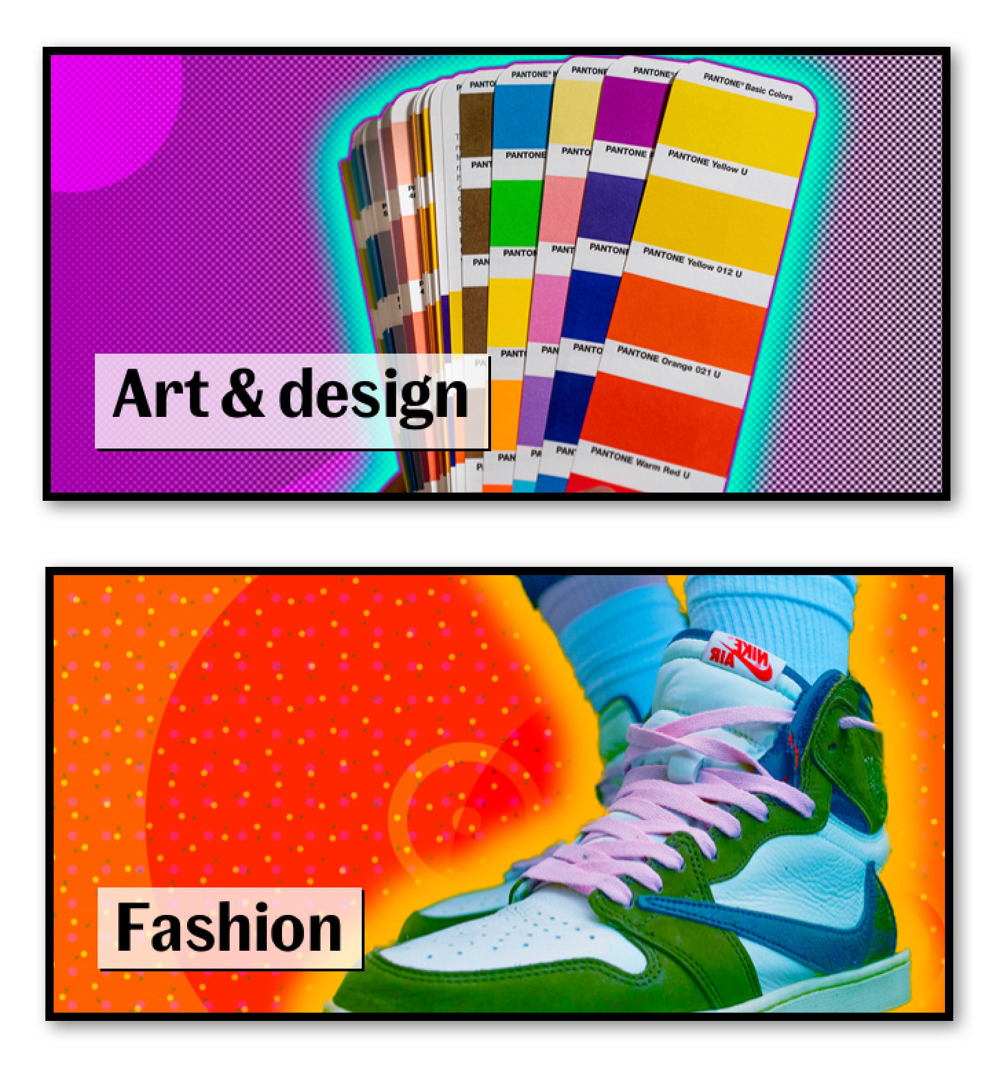 Canon image treatments for Art & design and Fashion with a pantone swatches and pair of nike high tops