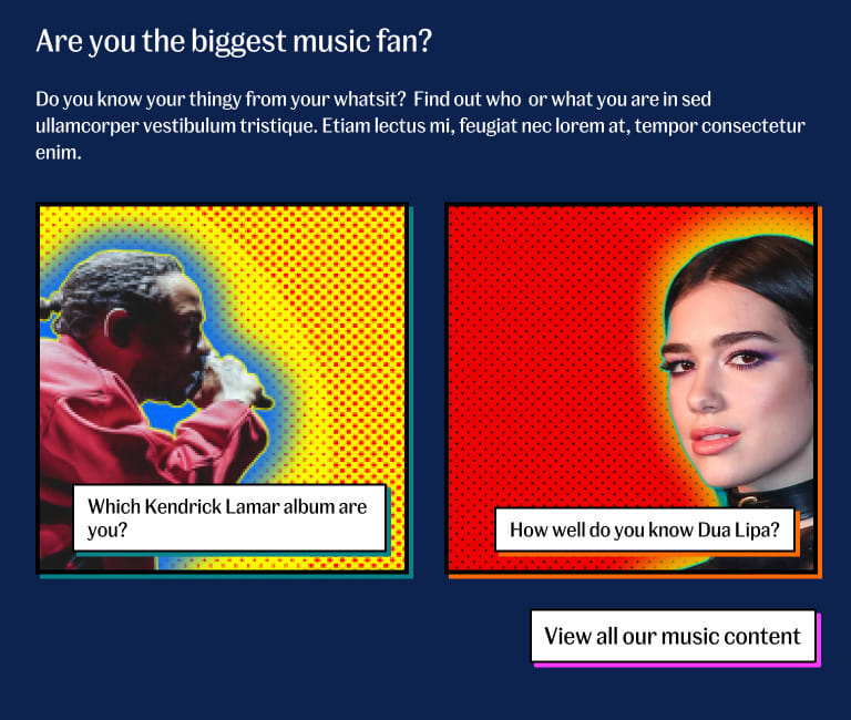 Mused canon header design showing Kendrick Lamar and Dua Lipa promos on a blue background