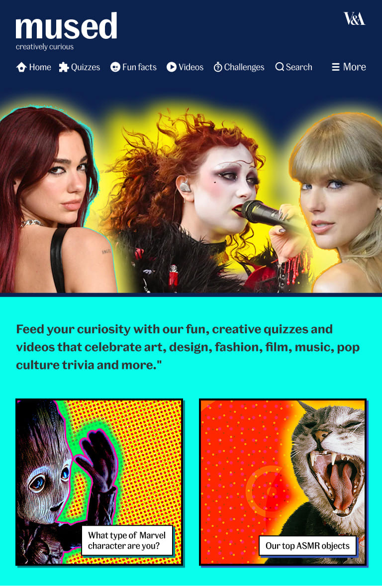 Mused canon header design showing Duas Lipa, Chappell Roan and Taylor Swift, plus two promo images of Groot and a yawning cat with bright colour treatments