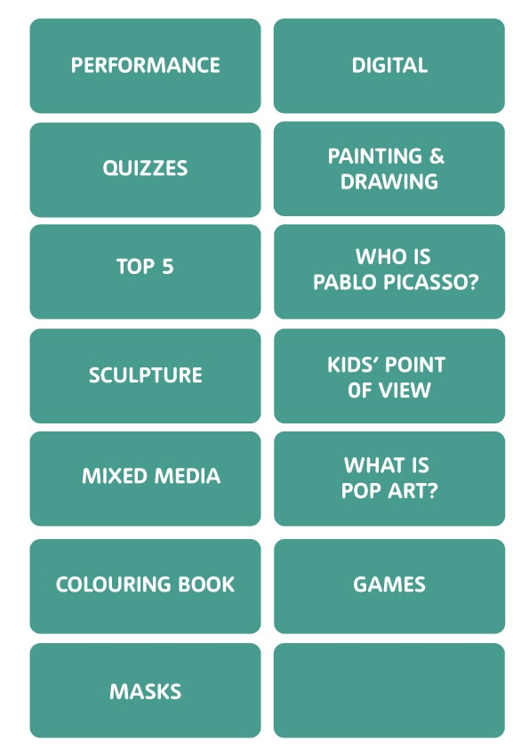 User testing card sort topics used in the card sorting including Top 5, Painting & drawing, quizzes, what is pop art?