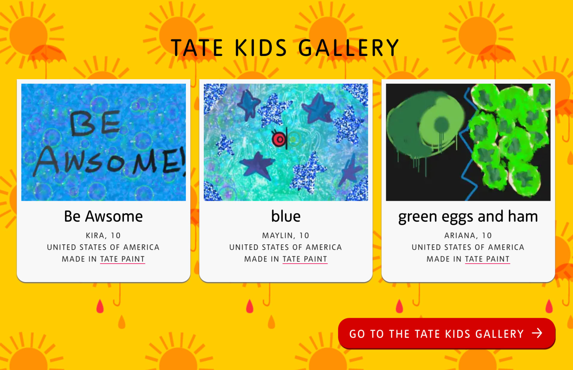 Snap shot of Tate Kids gallery with a yellow textured background and promos of some kids' work