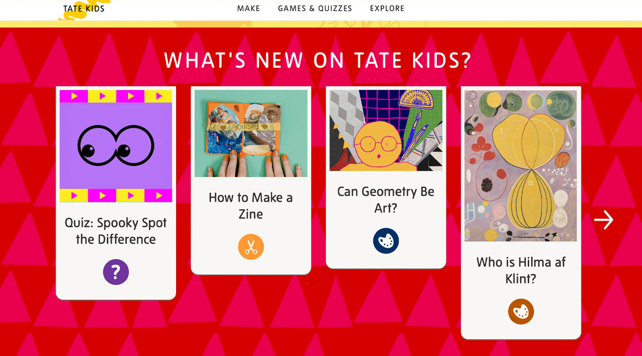 A crop of the Tate Kids homepage which has a lot of red textured bacground and the text - What's new on Tate Kids